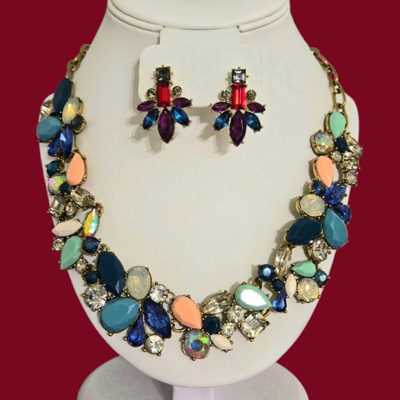 J Crew Multicolor Crystal Rhinestone Statement Necklace Unbranded Earring Set - Picture 2 of 16